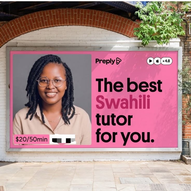 A Preply promotional graphic for Joy Wanjiku’s tutor profile, headlined “The best Swahili tutor for you.”, mocked up on a billboard